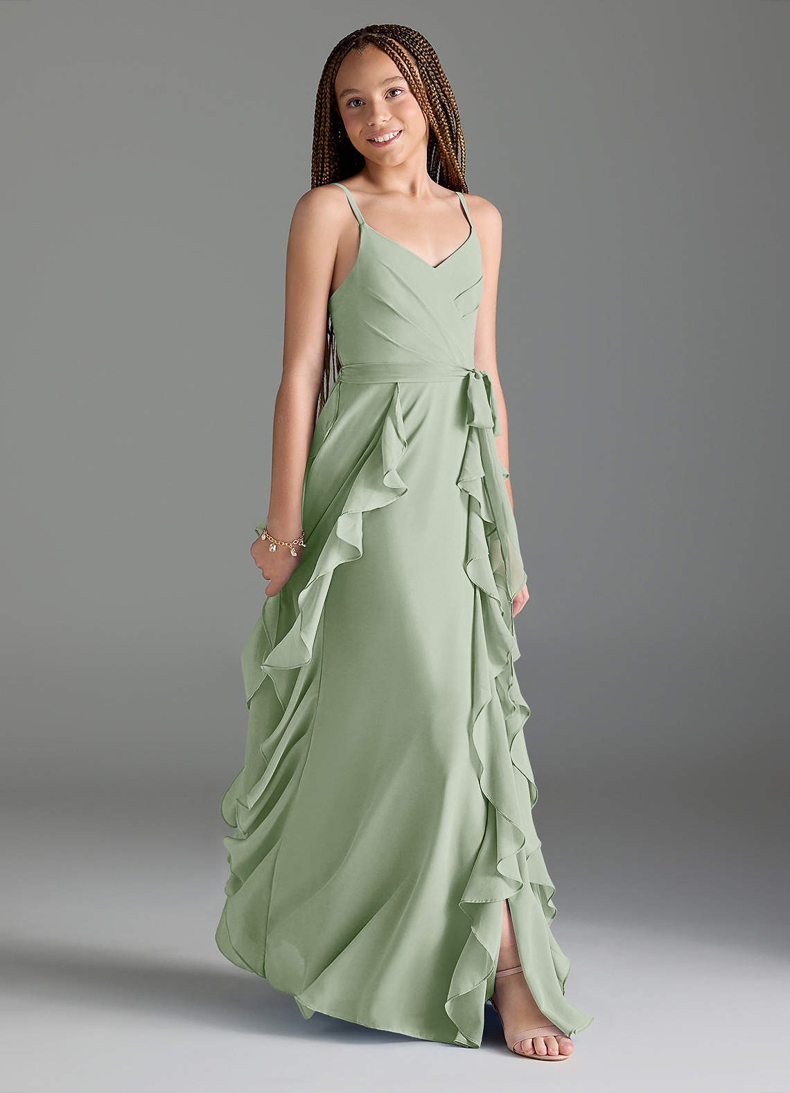 Azazie Peyton Junior Vestir Dusty Sage de Chiffon de Linha A com Plissado image2