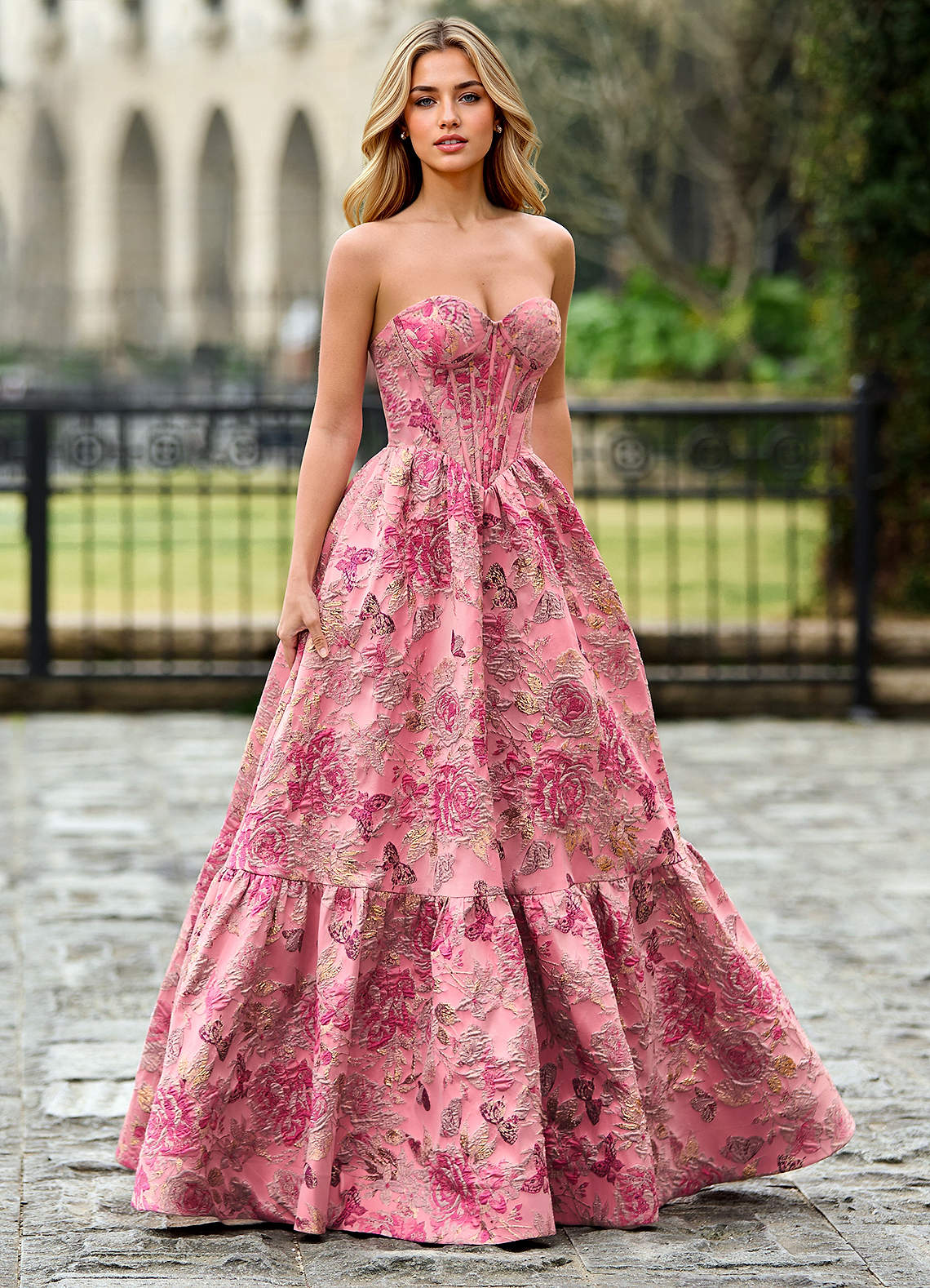 Rosemarnder Rose Pink Jacquard Flowers Prom Dress | Azazie Rosemarnder Rose Pink Jacquard Flowers Prom Dress | Azazie