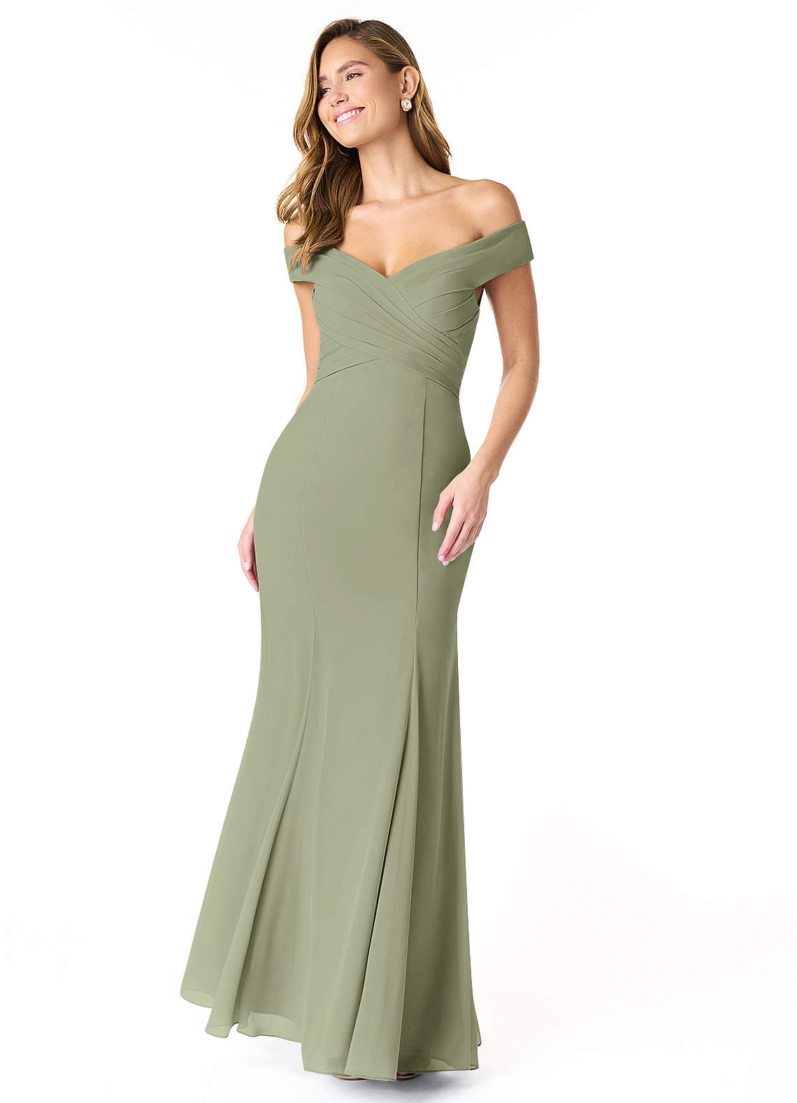 Azazie Lecia Jurken voor bruidsmeisjes Converteerbaar Jurk van Chiffon met rijk Off-the-shoulder geplooid Pistache image1