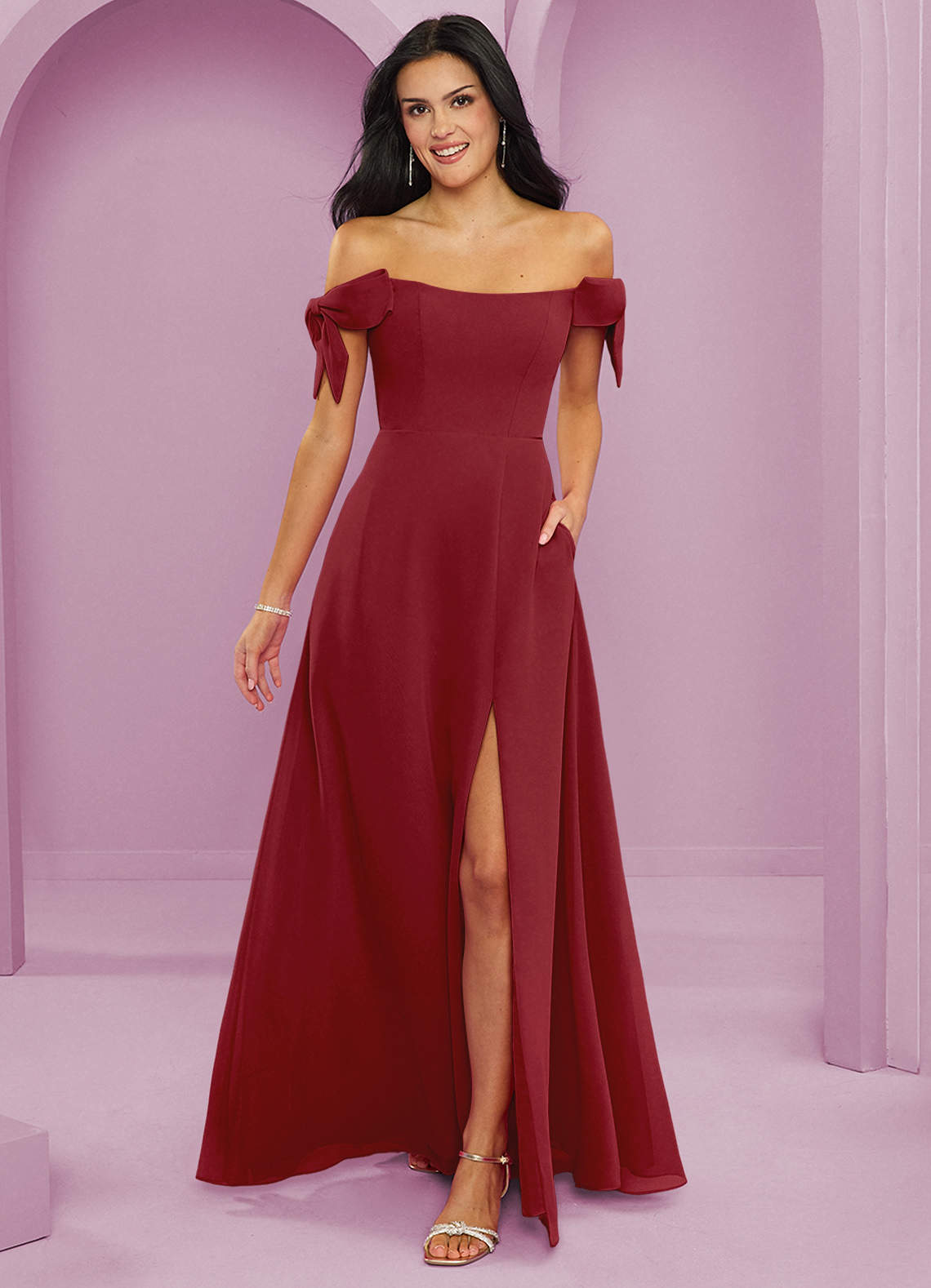 Barbie ♥ Azazie Bridesmaid Dresses Pomegranate A-Line Off the Shoulder Chiffon Convertible Dress image1