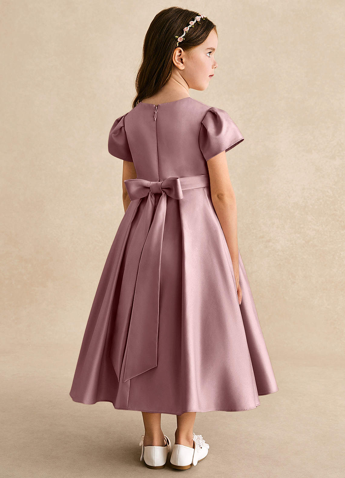 Azazie Princess Flower Girl Dresses Dusty Rose A-Line Pleated Matte Satin Dress image1