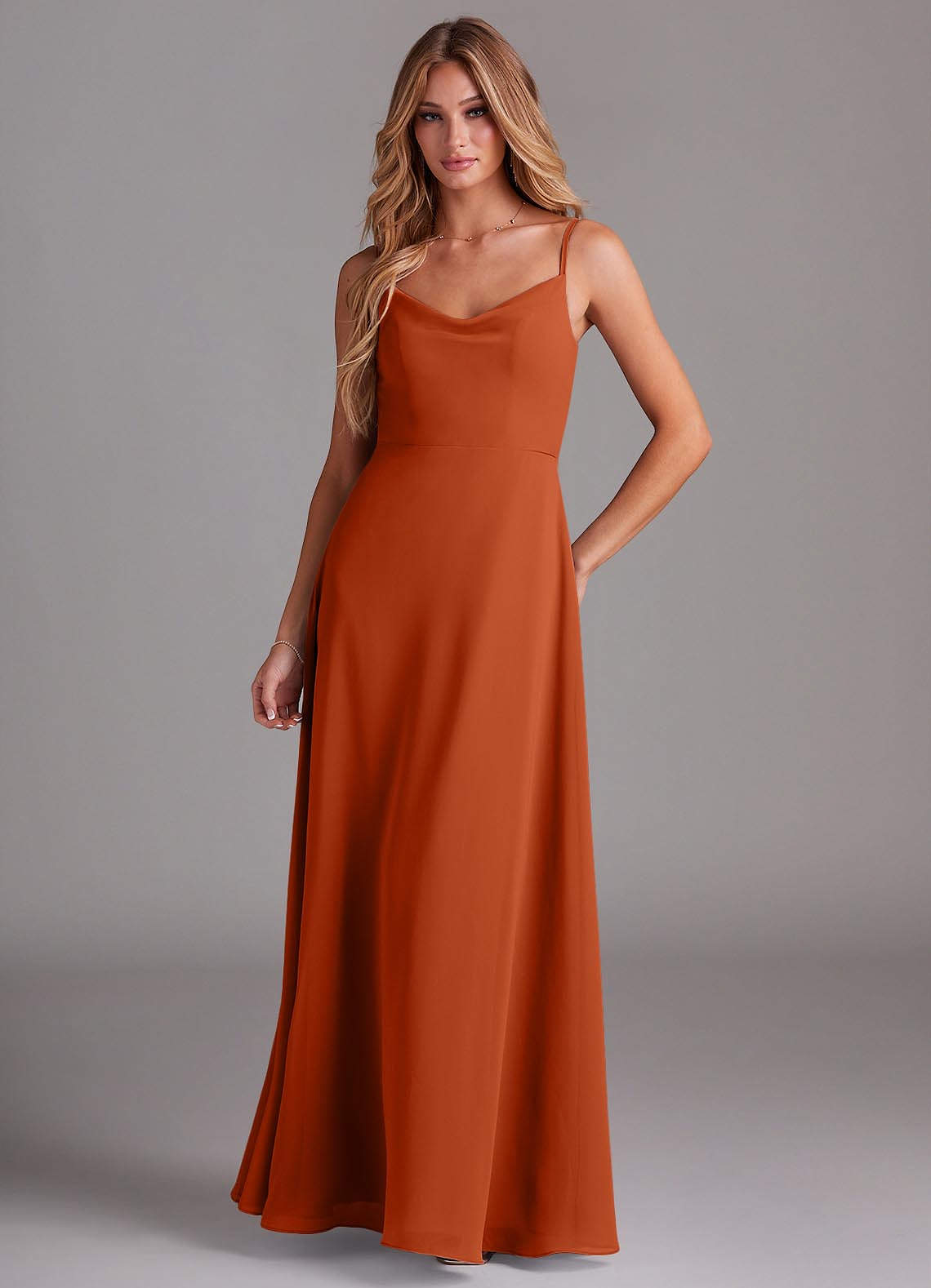 Azazie Daenerys Bridesmaid Dresses Burnt Orange A-Line Cowl Chiffon Dress image1