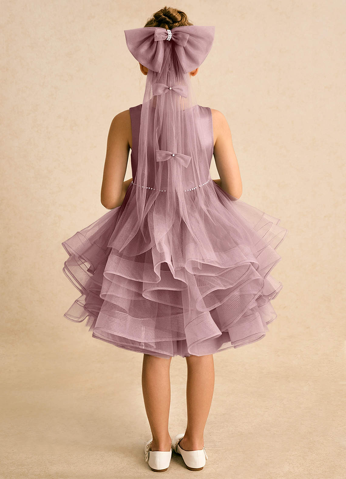 Azazie Tinie Flower Girl Dresses Dusty Rose Ball-Gown Bow Tulle Dress image5