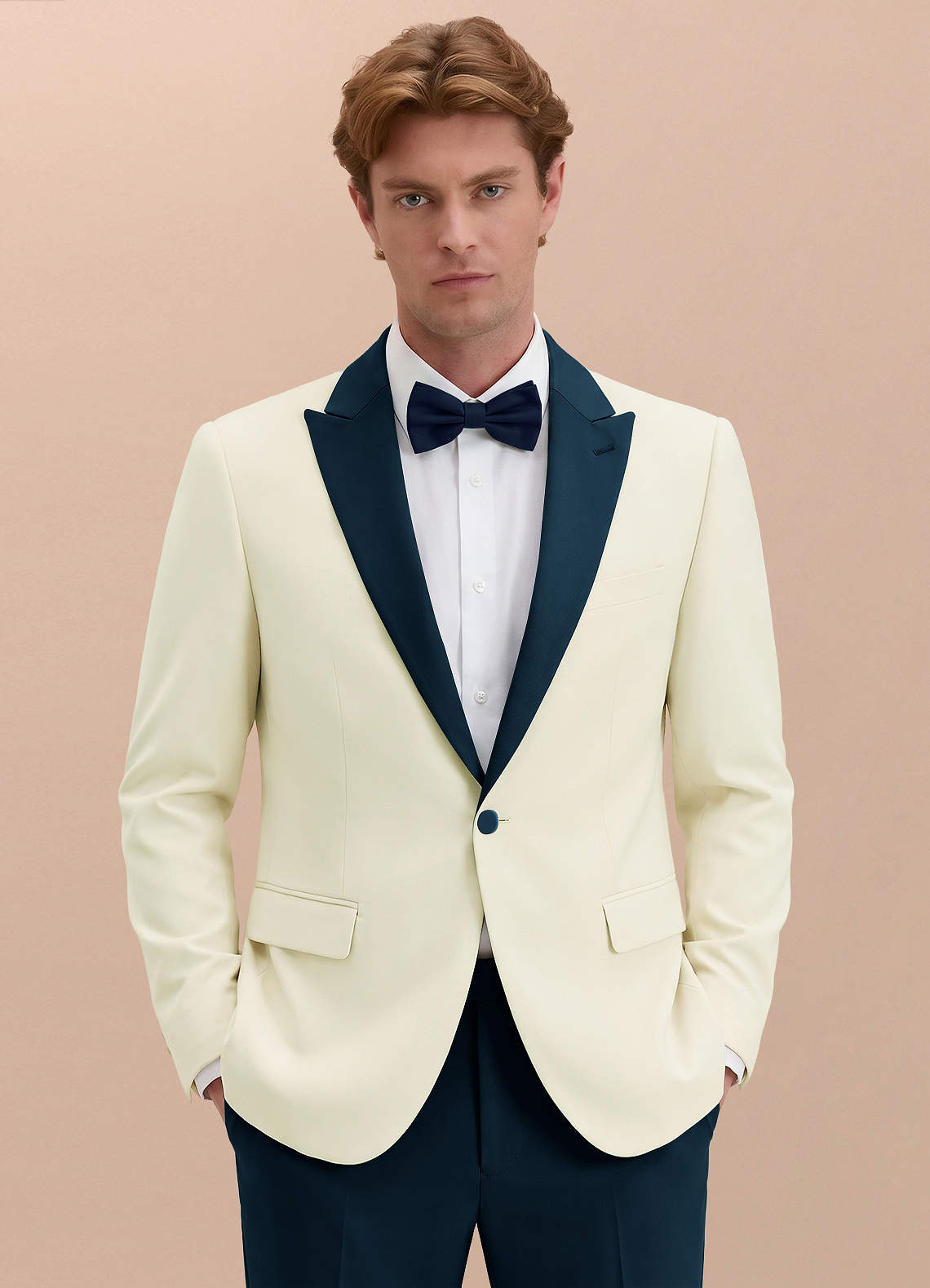 front Adrian Dark Navy Shawl Lapel Structured Stretch Tuxedo Suit