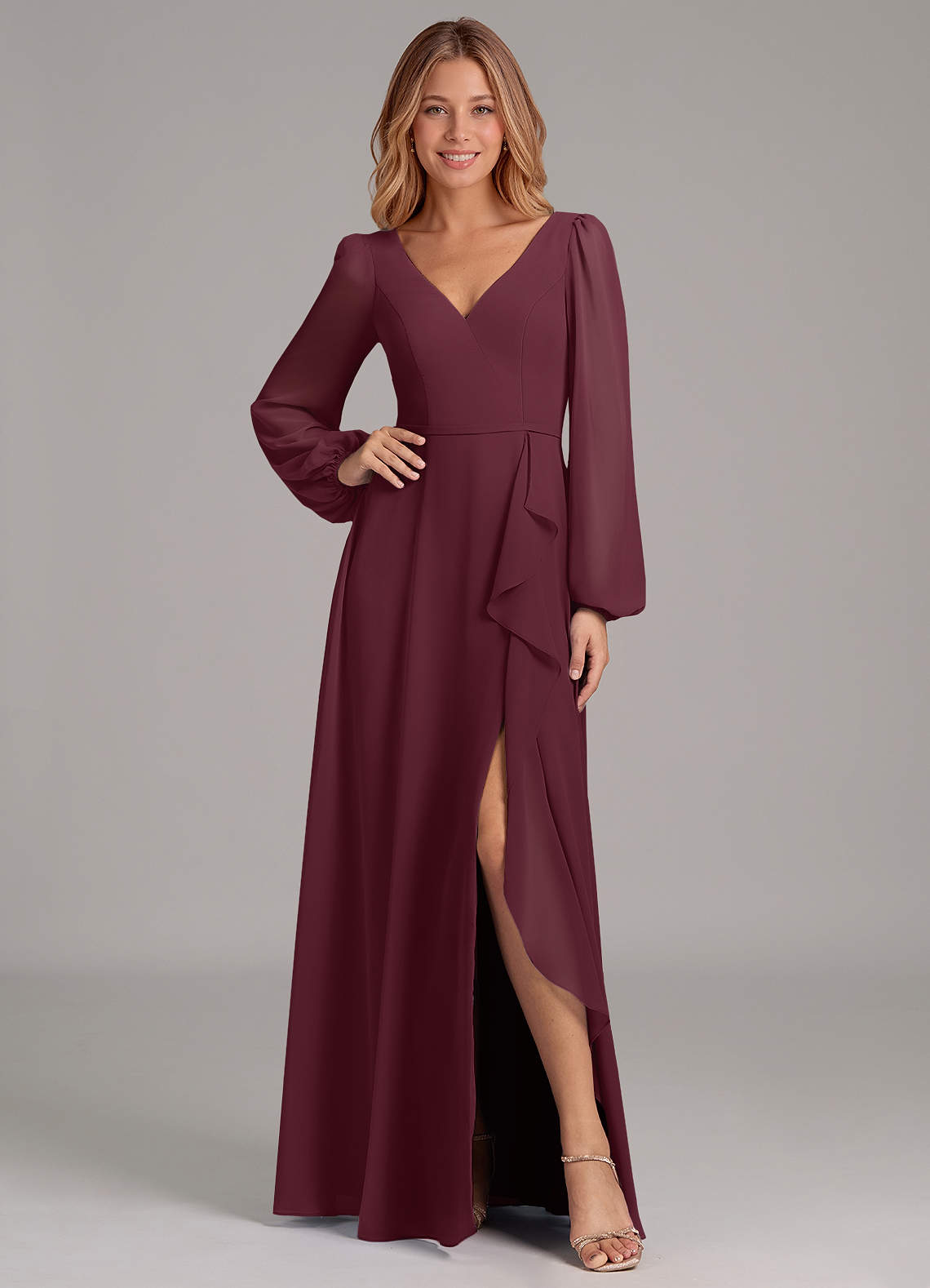 Azazie Simone Bridesmaid Dresses Cabernet A-Line Long Sleeve Chiffon Dress image1
