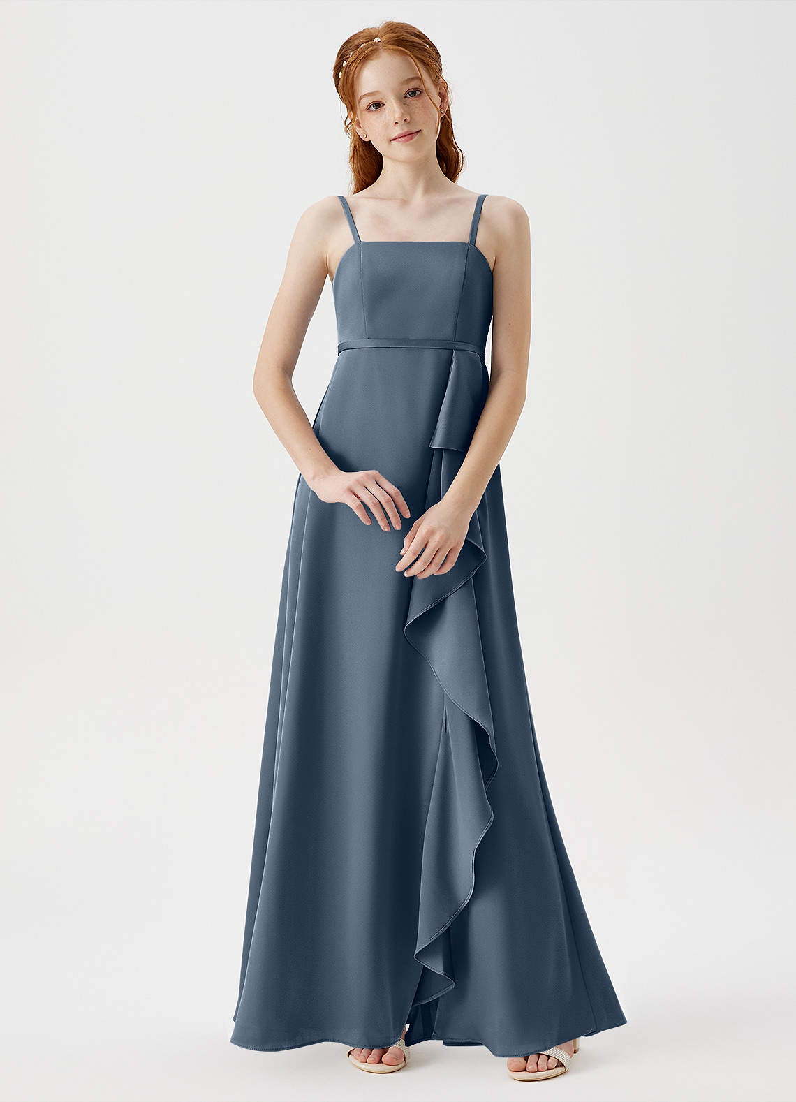 Azazie Kaylee Junior Robe Trapèze en Satin extensible avec ceinture Violet Crépusculaire image1