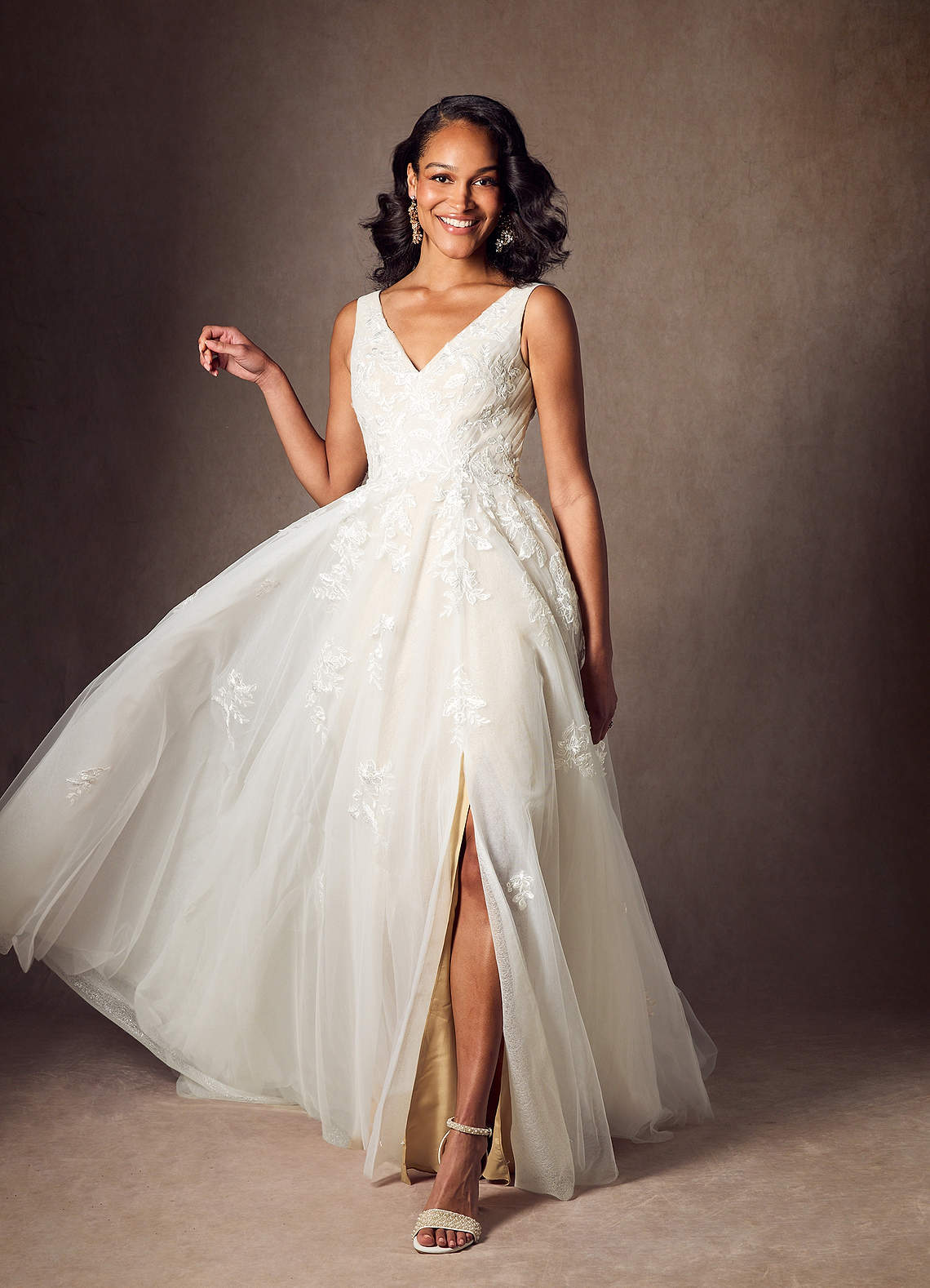 Azazie Joie Diamond White Champagne A-Line V-Neck Sequins Tulle