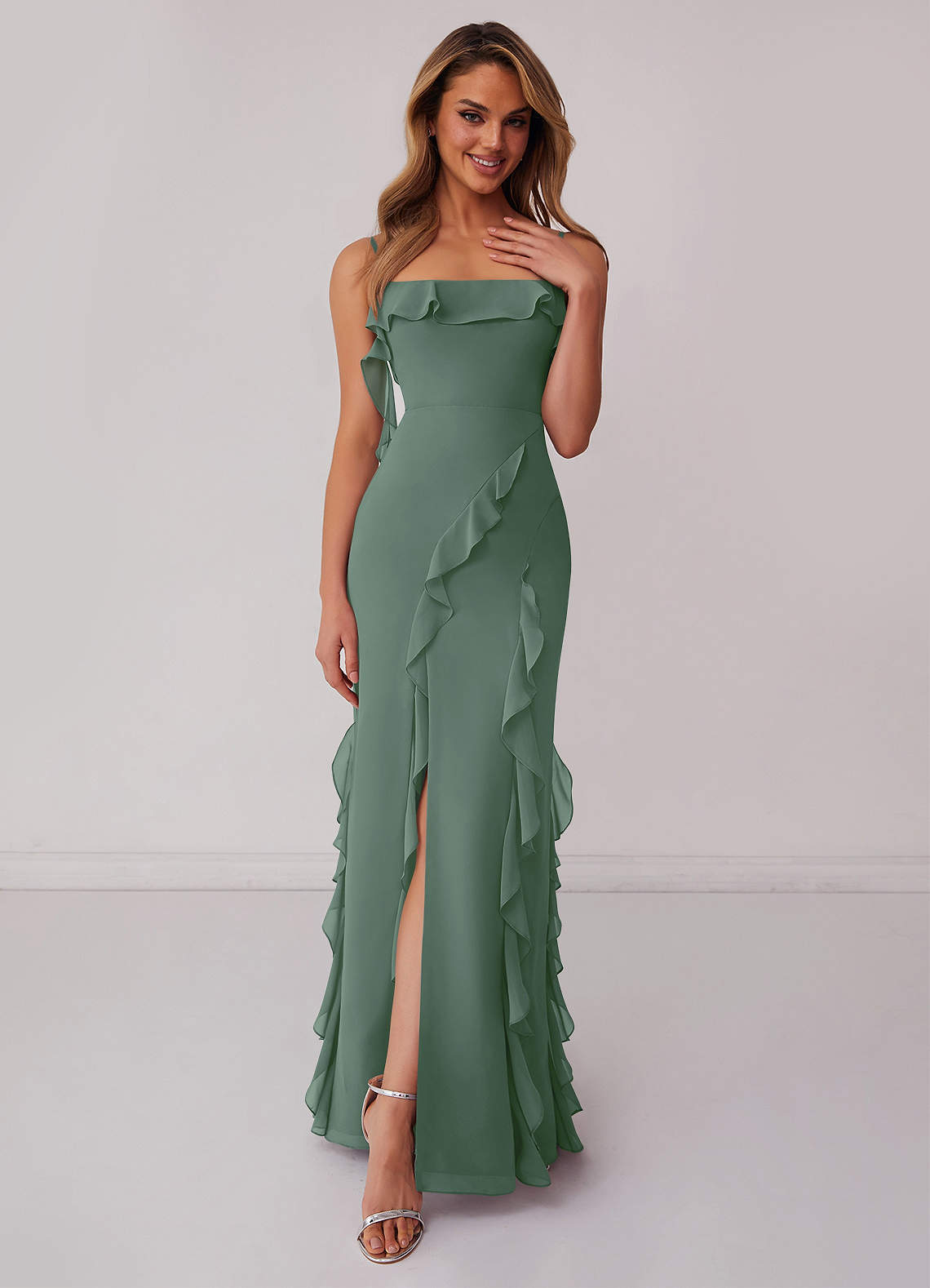Barbie ♥ Azazie Bridesmaid Dresses Eucalyptus Sheath Bow Chiffon Dress image1