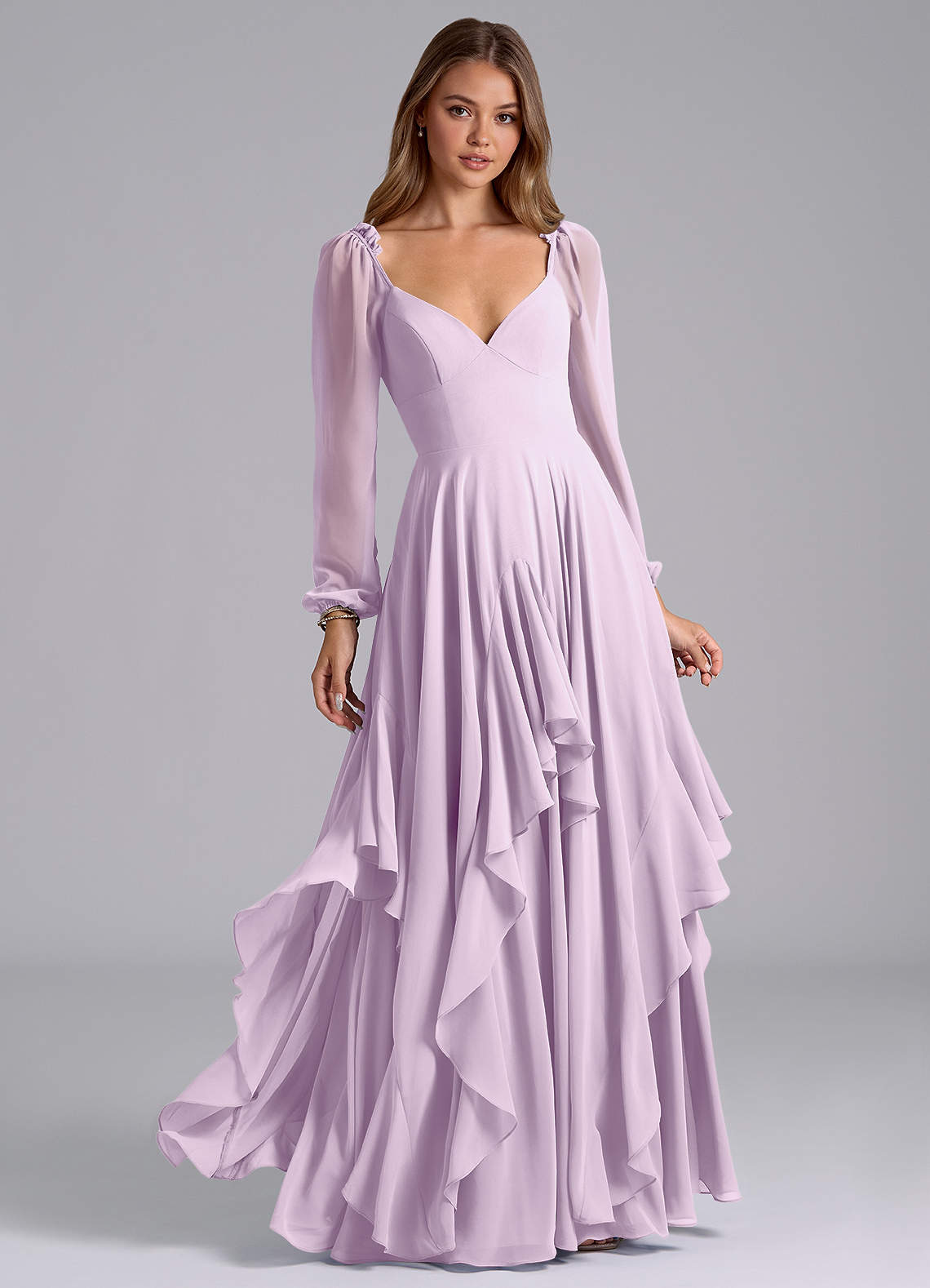 Azazie Karan Bridesmaid Dresses Frosted Lilac A-Line Long Sleeve Chiffon Dress image1