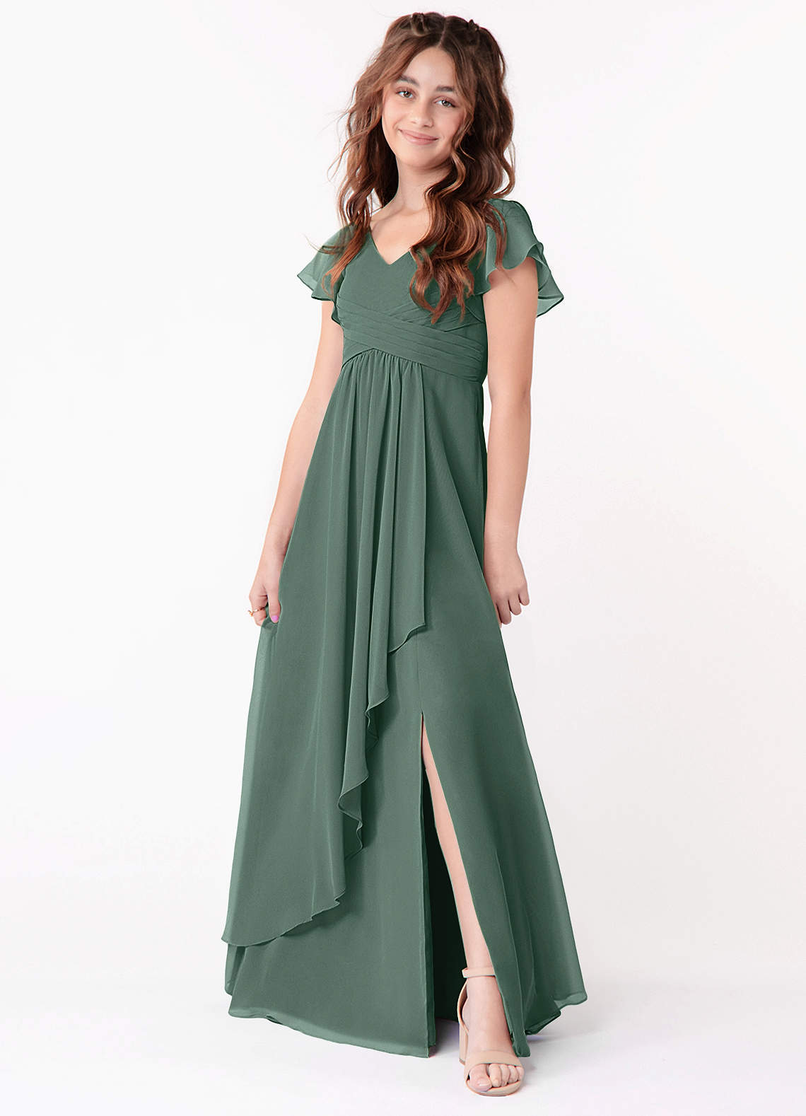 Azazie Omari Junior Sea Moss A-Line Ruched Chiffon Dress image1