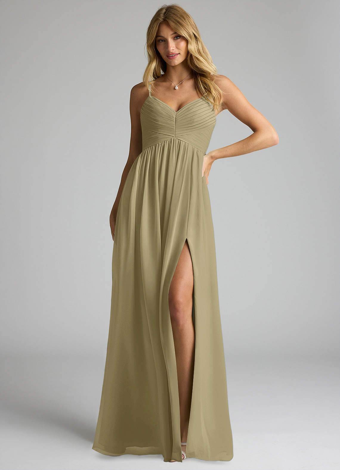 Azazie Alia Bridesmaid Dresses Moss Green A-Line Pleated Chiffon Dress image1
