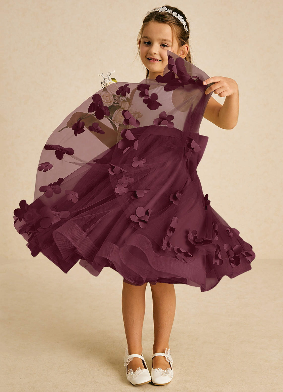 Azazie Sprout Flower Girl Dresses Cabernet A-Line Bow Tulle Dress image2