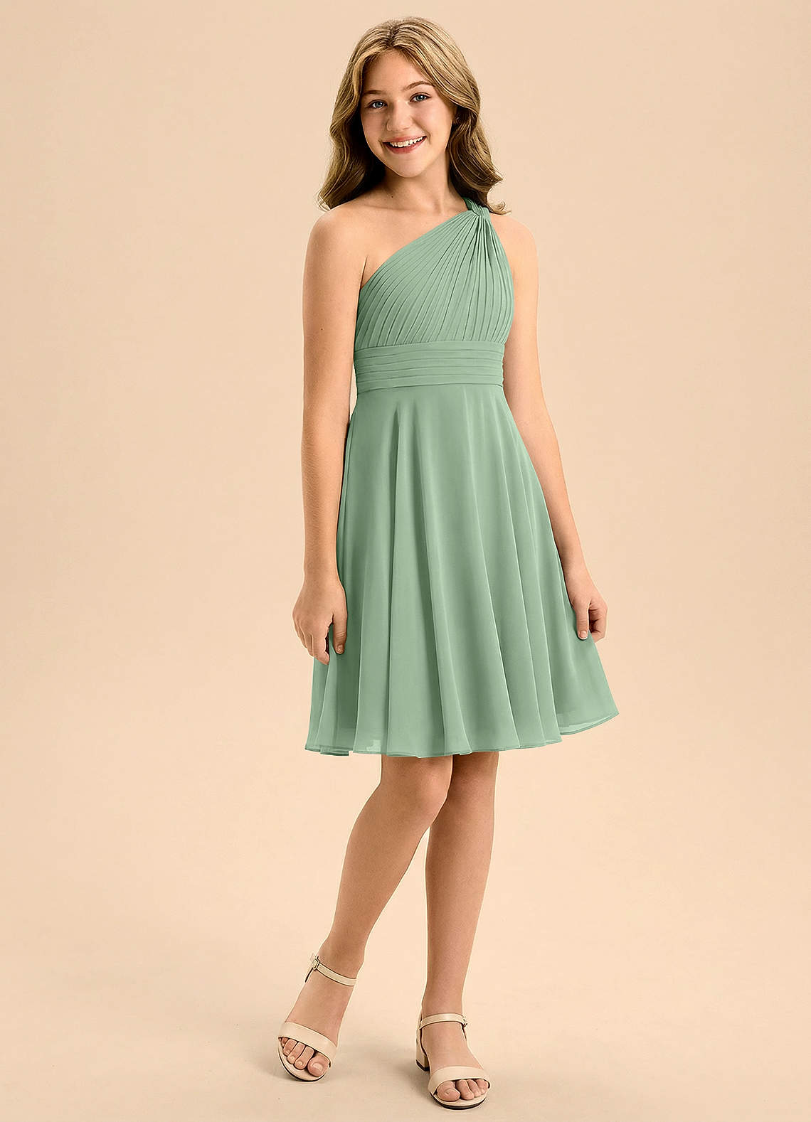 Azazie Charlize Junior Matcha A-Line Pleated Chiffon Dress image2