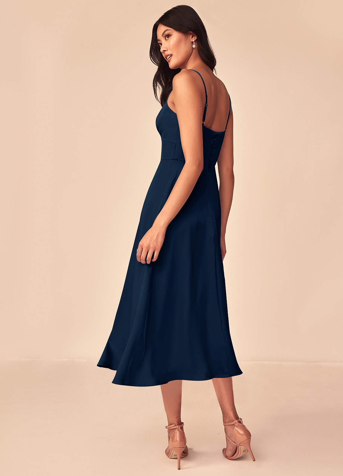 tea length navy bridesmaid dresses Azazie Dottie