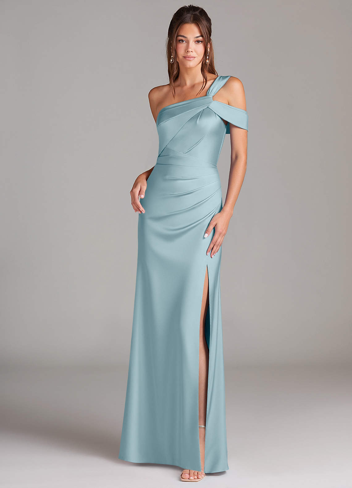 Azazie Wynter Bridesmaid Dresses Moody Blue Sheath Off the Shoulder Stretch Satin Dress image1