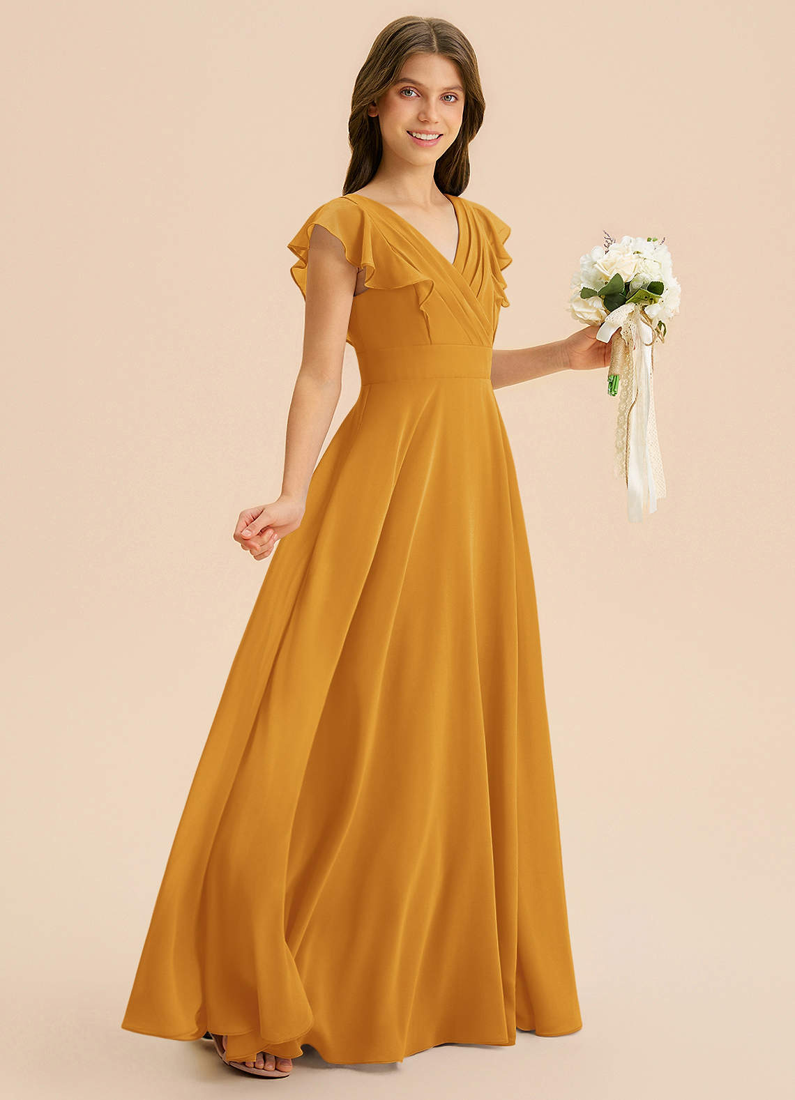 Azazie Anysa Junior Robe Trapèze en Mousseline de soie Rayé Caramel écossais image4