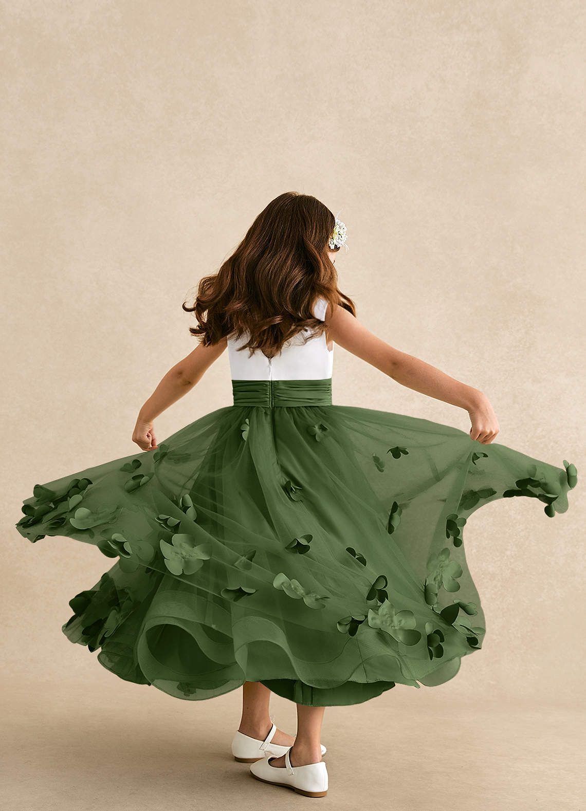 Azazie Vi Flower Girl Dresses Olive A-Line Sleeveless Tulle Dress image2