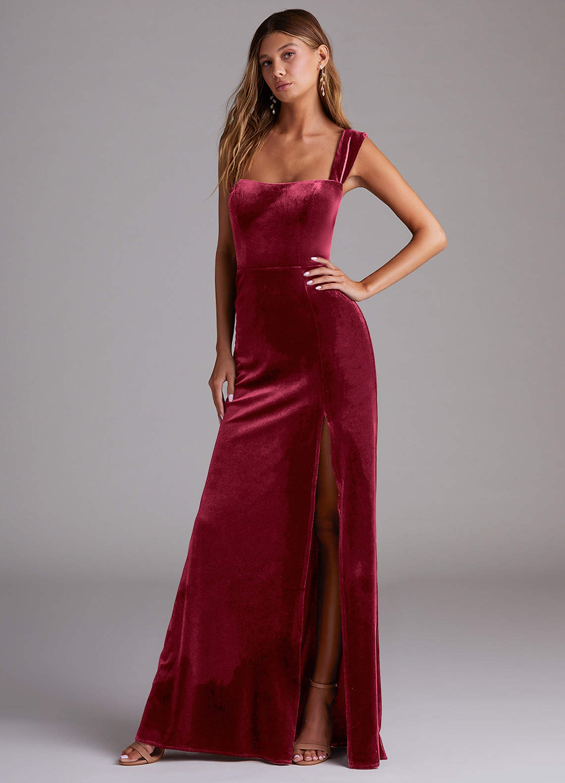 Azazie Junia Bridesmaid Dresses Burgundy Sheath Off the Shoulder Velvet Convertible Dress image3