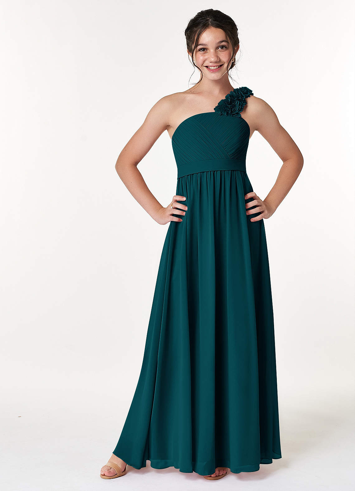 Azazie Flower Junior Pine A-Line Pleated Chiffon Dress image1