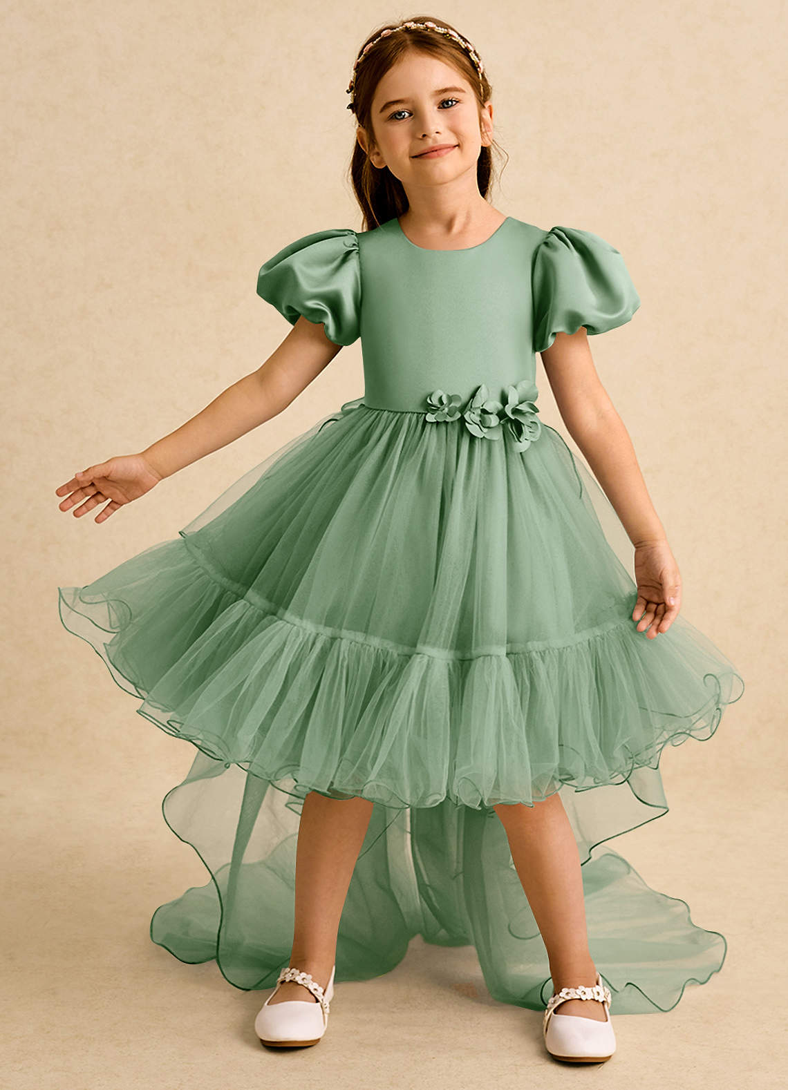 Azazie Cocoa Abiti da Ragazza di Fiori Abito Principessa in Tulle Plissettato Matcha image1
