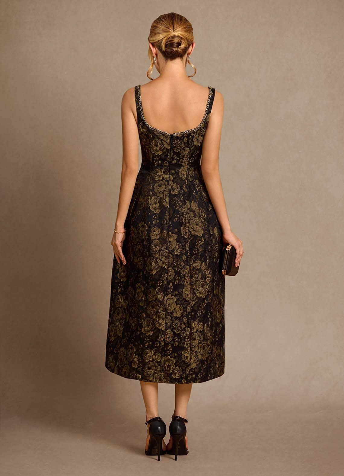 Azazie Auster vestidos de madre de la novia Vestido de Oro Negro de Jacquard de Corte En A con Con bolsillos image1