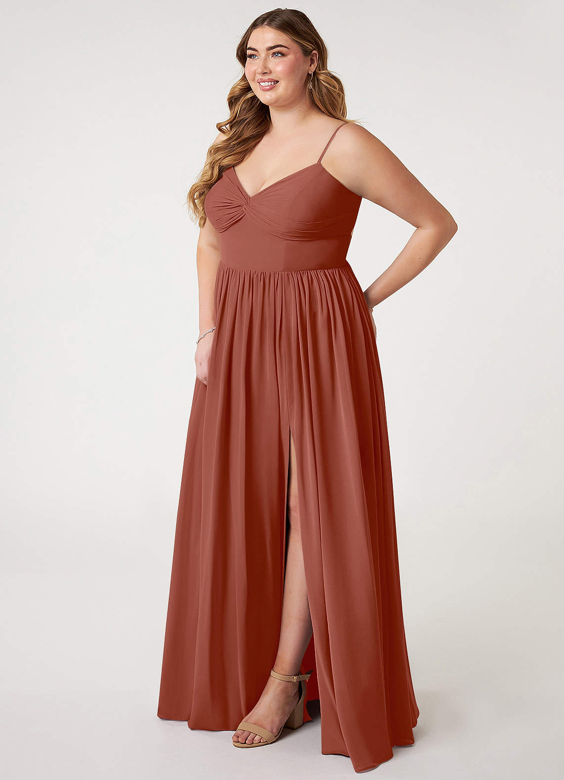 Azazie Zeya Bridesmaid Dresses Auburn A-Line V-Neck Pleated Chiffon Dress image7