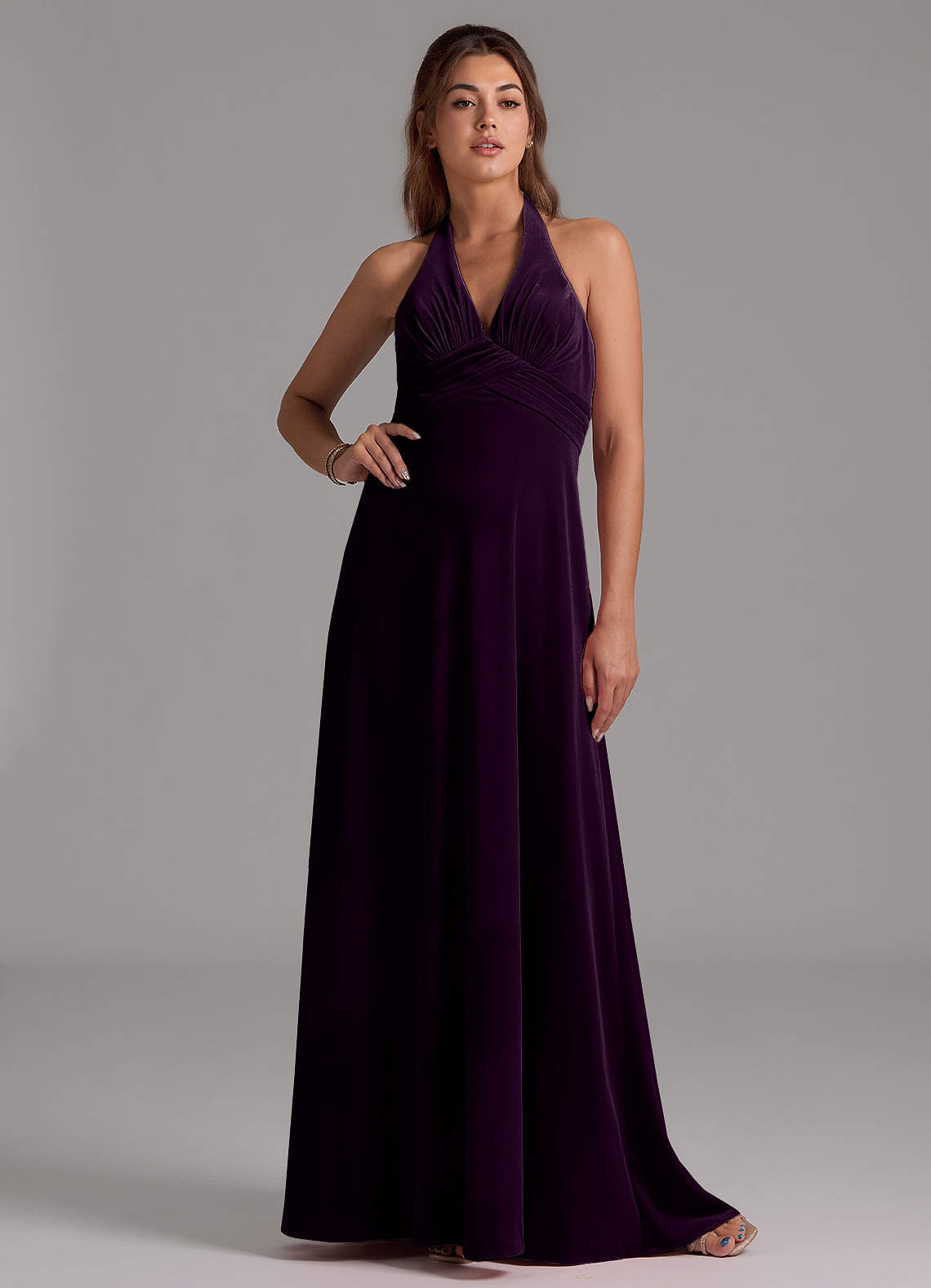 Azazie Tessie Bridesmaid Dresses Grape A-Line Pleated Velvet Dress image1