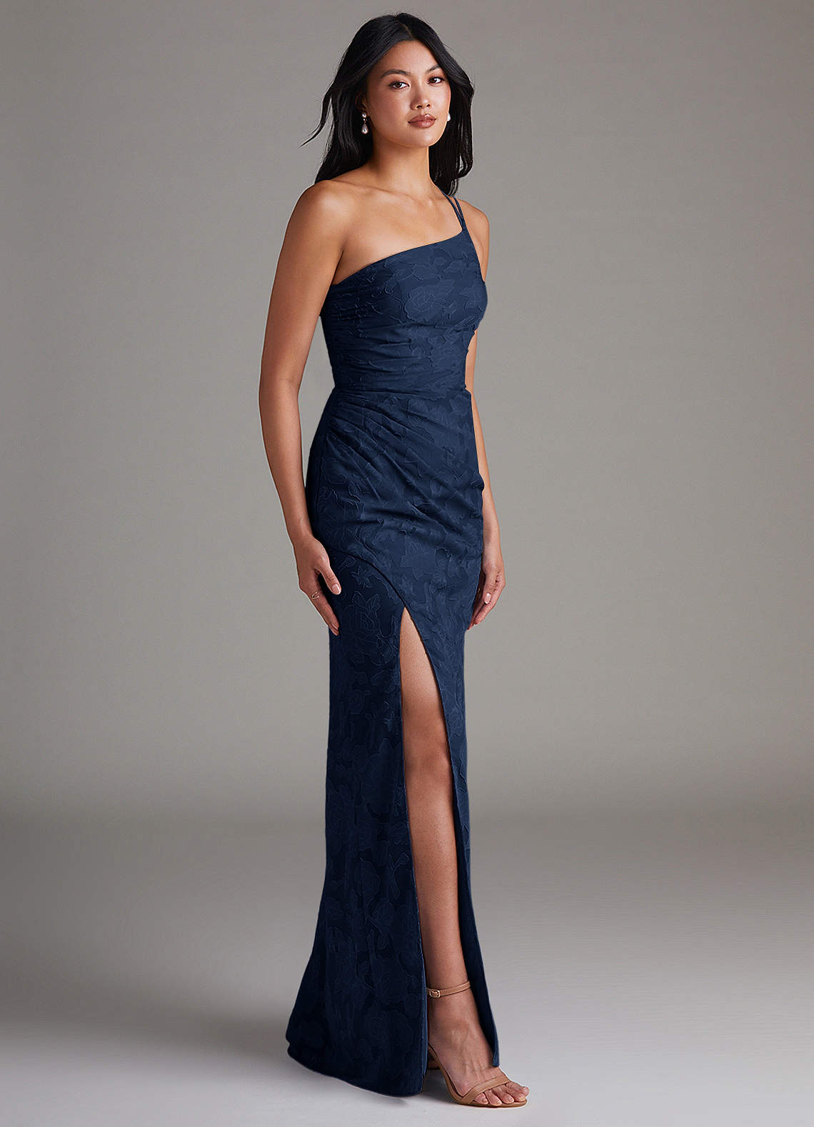 Azazie Eren Jurken voor thuis passen Jurk van Bloemen Burn-out met Kolom One-Shoulder Stoffig Blauw image2
