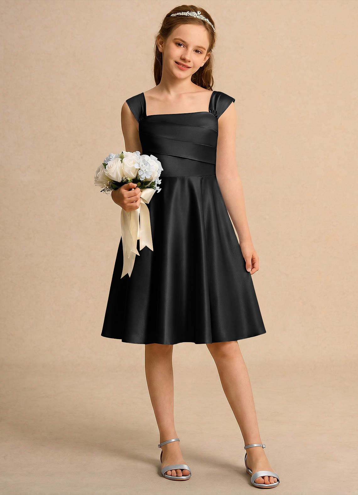 formal black dress for girls Azazie A-Line/Princess Square Neck Knee-Length Matte Satin Girl Dresses floating layers of tulle