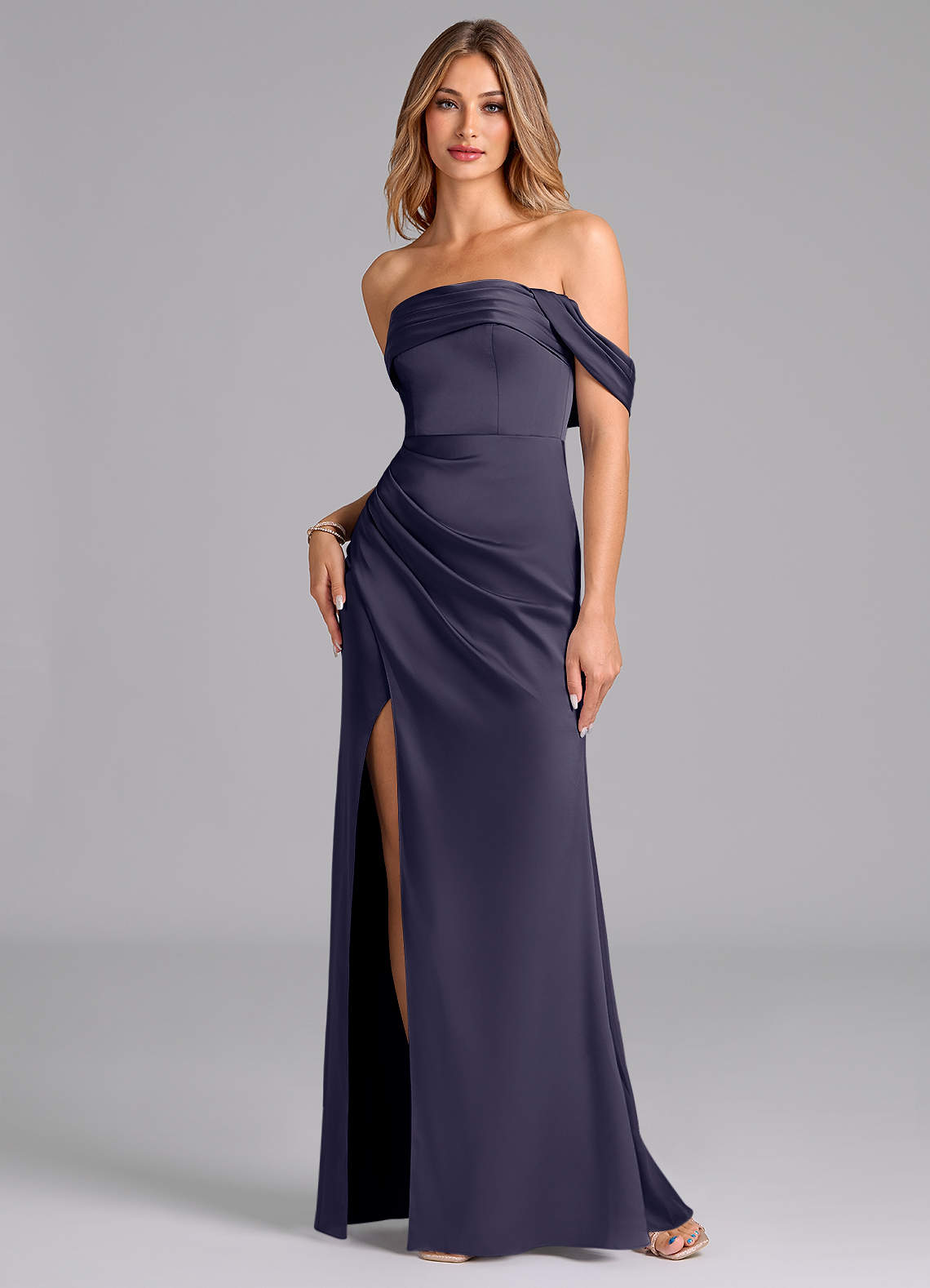 Azazie Lisbeth Bridesmaid Dresses Stormy Mermaid Off the Shoulder Stretch Satin Convertible Dress image1