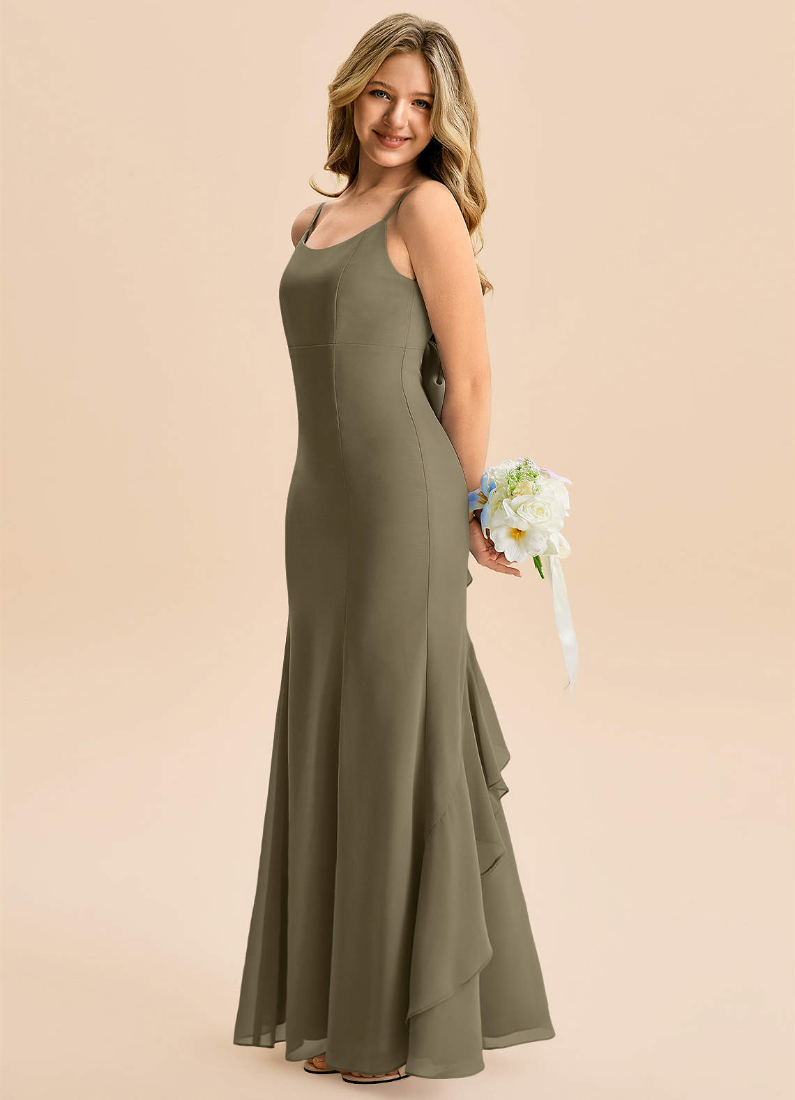 Azazie Lioren Junior Willow Green Mermaid Bow Chiffon Dress image1