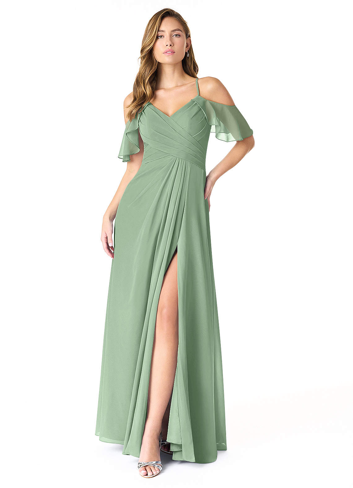 Azazie Dakota Vestidos de damas de honor Vestido de Matcha de Gasa de Corte en A con Cuello en V plisado image1