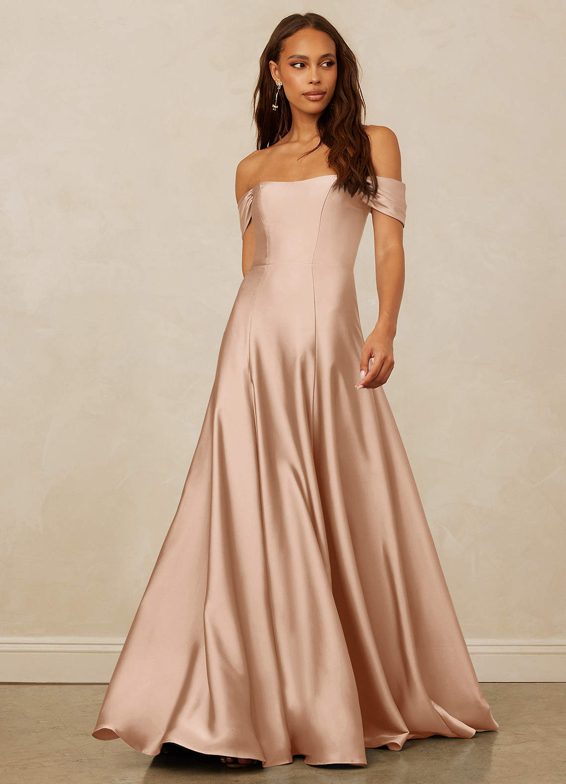 Christian Siriano Bridal for Azazie 1002 Bridesmaid Dresses English Rose A-Line Off the Shoulder Stretch Satin Convertible Dress image1