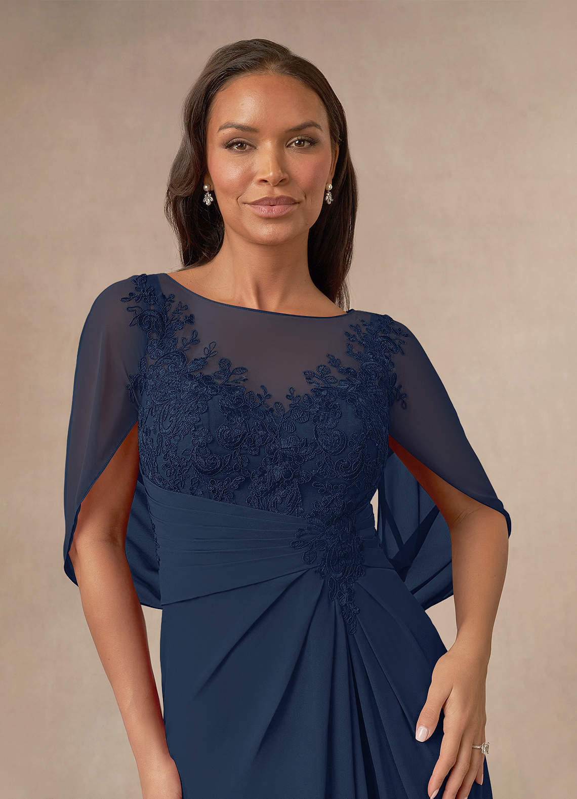 Azazie Hera Dark Navy A Line Lace Capelet Chiffon Dress Azazie CA