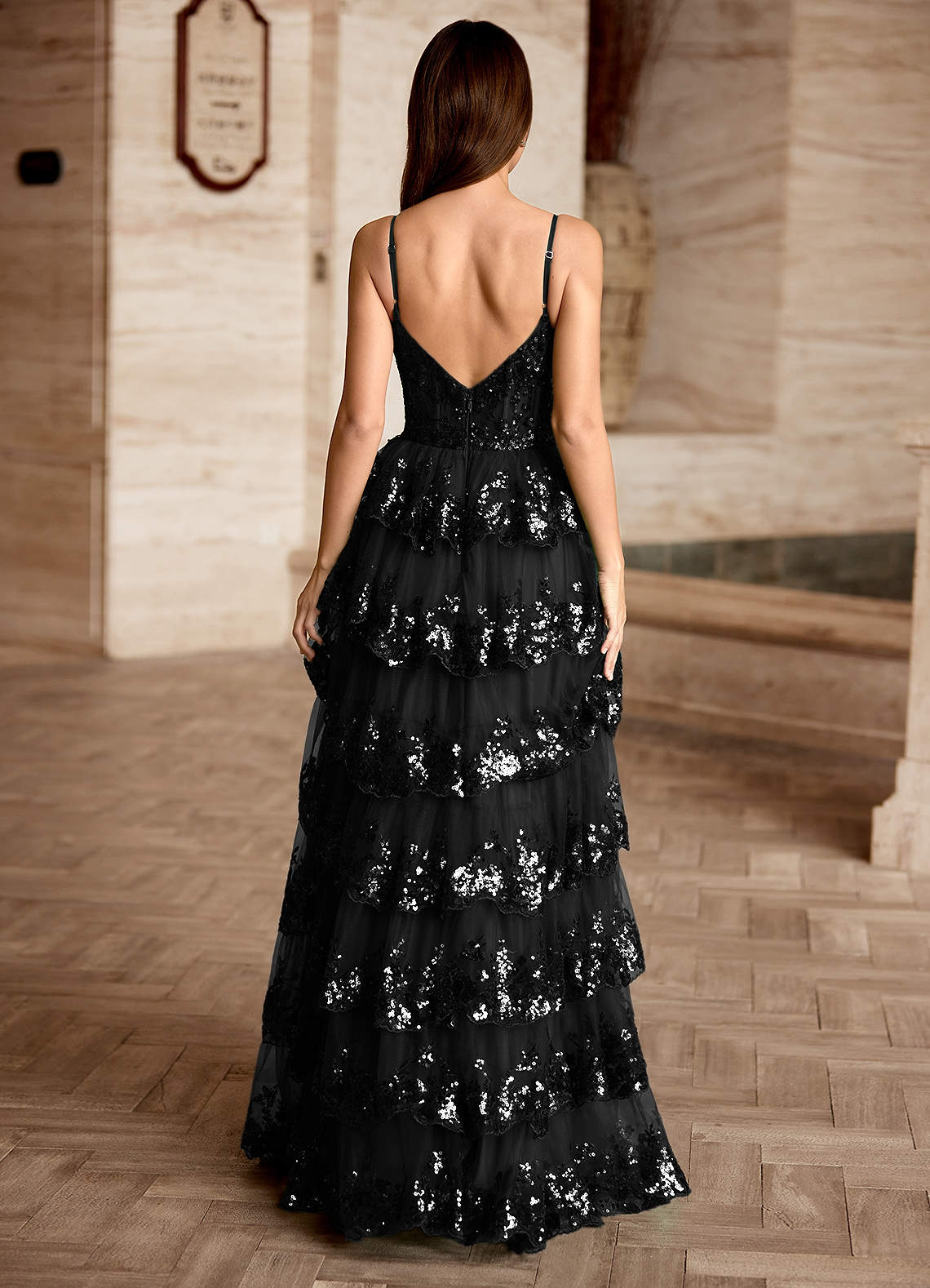 formal black sparkly dress Sparkly A-line Spaghetti Straps V-neck Sequins Long Black Prom Dresses –  DaintyBridal main image 0