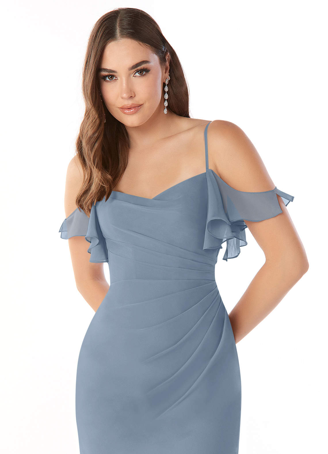 Azazie Emeralda Bridesmaid Dresses Dusty Blue Sheath Off the Shoulder Chiffon Dress image5