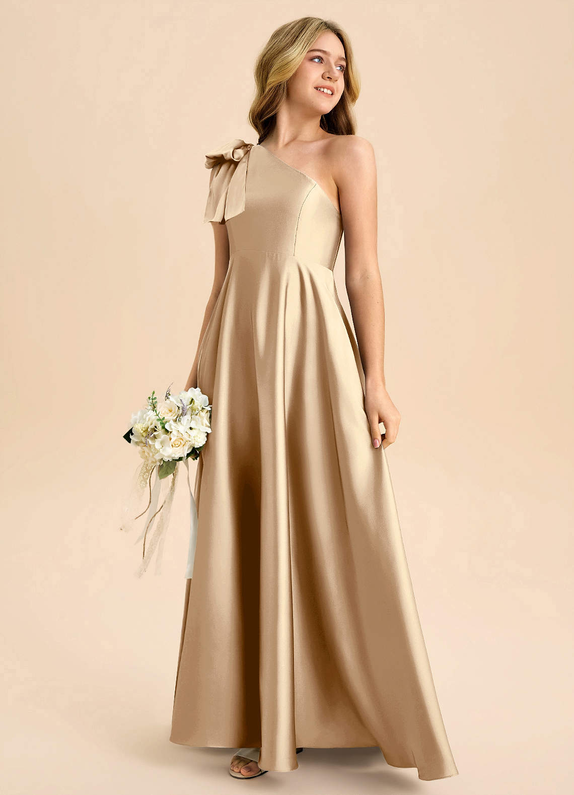 Azazie Penguin Junior Abito A-Line in Raso Elasticizzato Fiocco Champagne image5