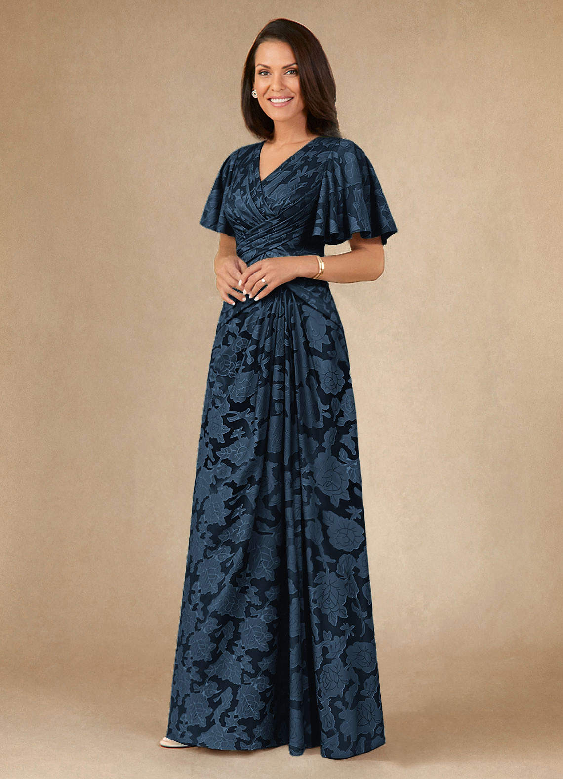 Azazie Emmeline Mother of the Bride Dresses Dark Navy A-Line Pleated Floral Burnout Dress image2