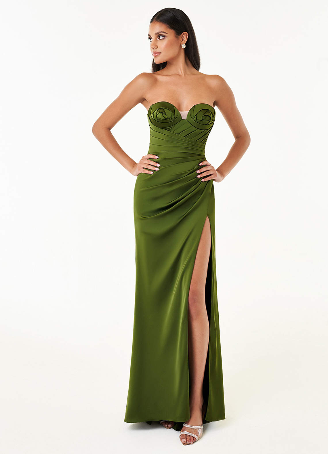 Ready to ship  satin matte olive rosette dress no floral  and sleeveless