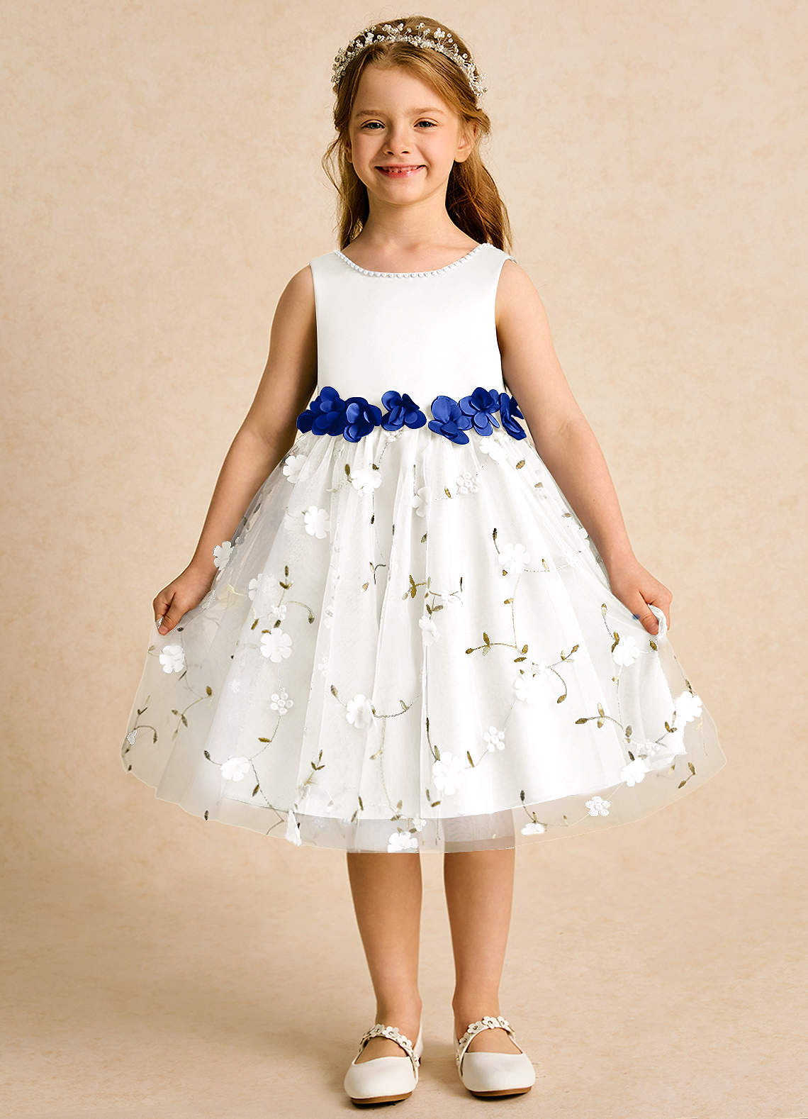 Azazie Starri Flower Girl Dresses Ivory Royal Blue Ball-Gown Beaded Matte Satin Dress image1