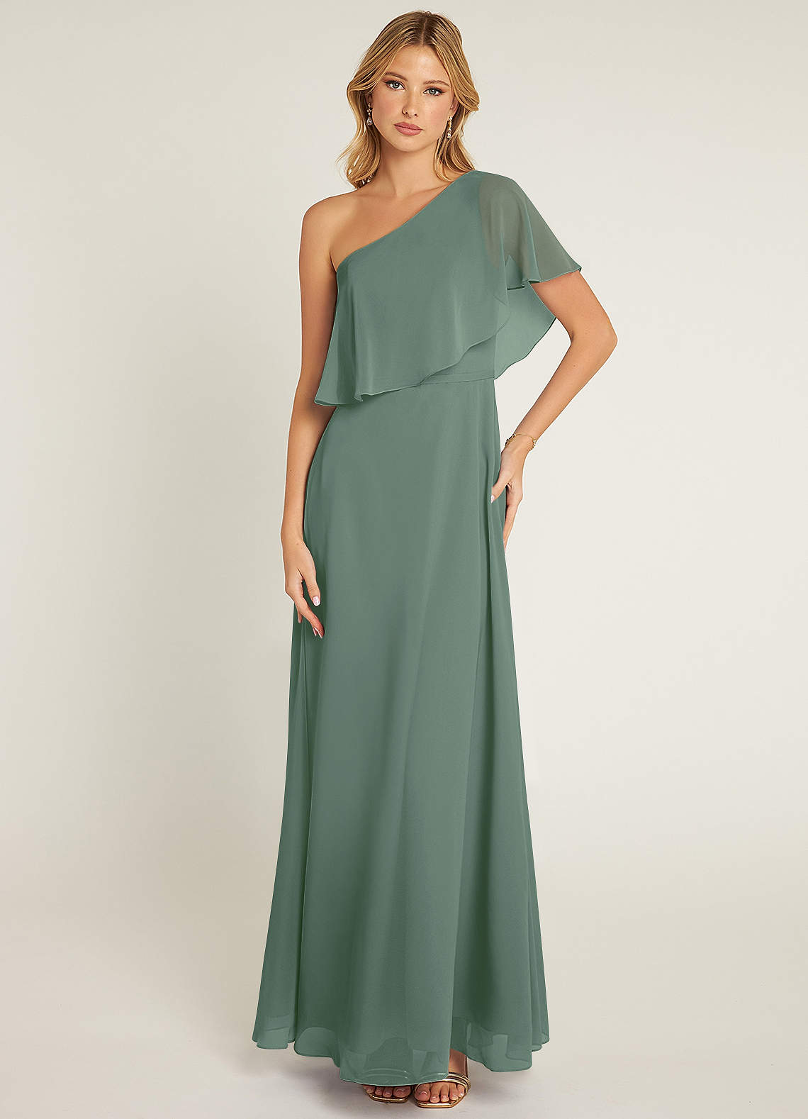 Azazie Lizzy Robes de demoiselle d'honneur Robe Trapèze en Mousseline de soie Ue épaule Eucalyptus image1