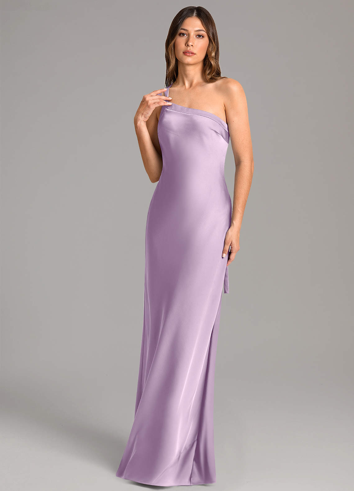 Azazie Monroe Bridesmaid Dresses Frosted Lilac Mermaid One Shoulder Stretch Satin Dress image1