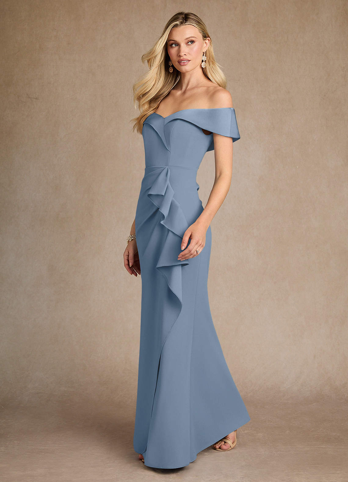 Azazie Laredo Mother of the Bride Dresses Dusty Blue Mermaid Off the Shoulder Stretch Crepe Dress image1