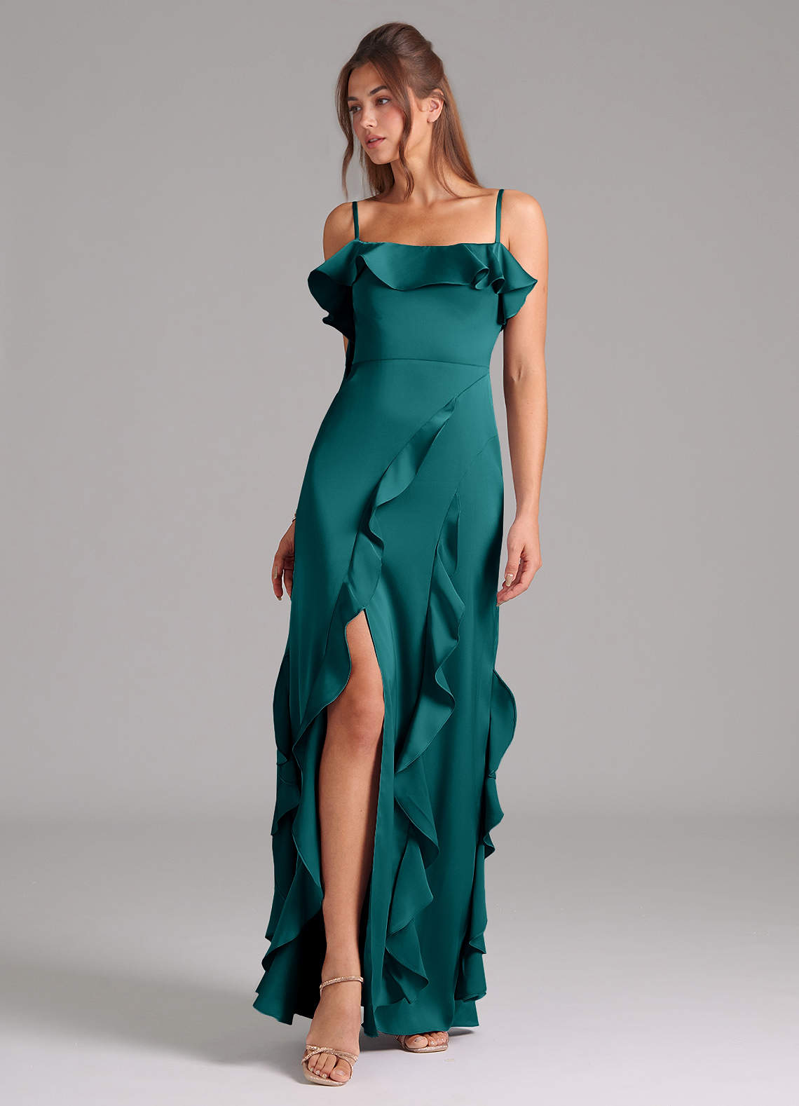 Azazie Malia Bridesmaid Dresses Peacock A-Line Side Slit Stretch Satin Dress image1