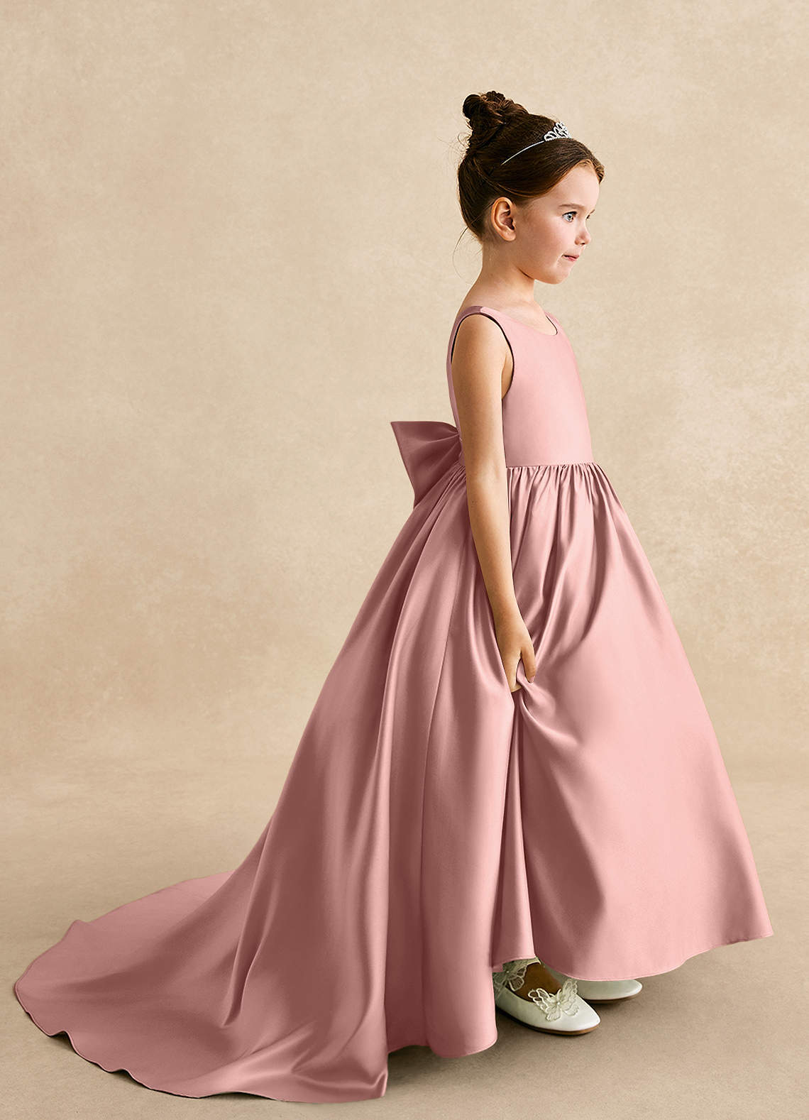 Azazie Mimia Flower Girl Dresses Rose Gold A-Line Bow Matte Satin Dress image1