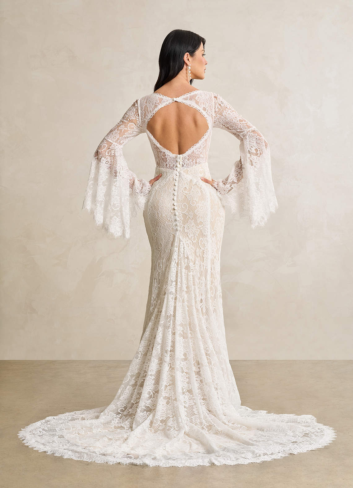 Azazie Hayes At-home Try On Dresses Diamond White Champagne Mermaid V-Neck Lace Dress image5