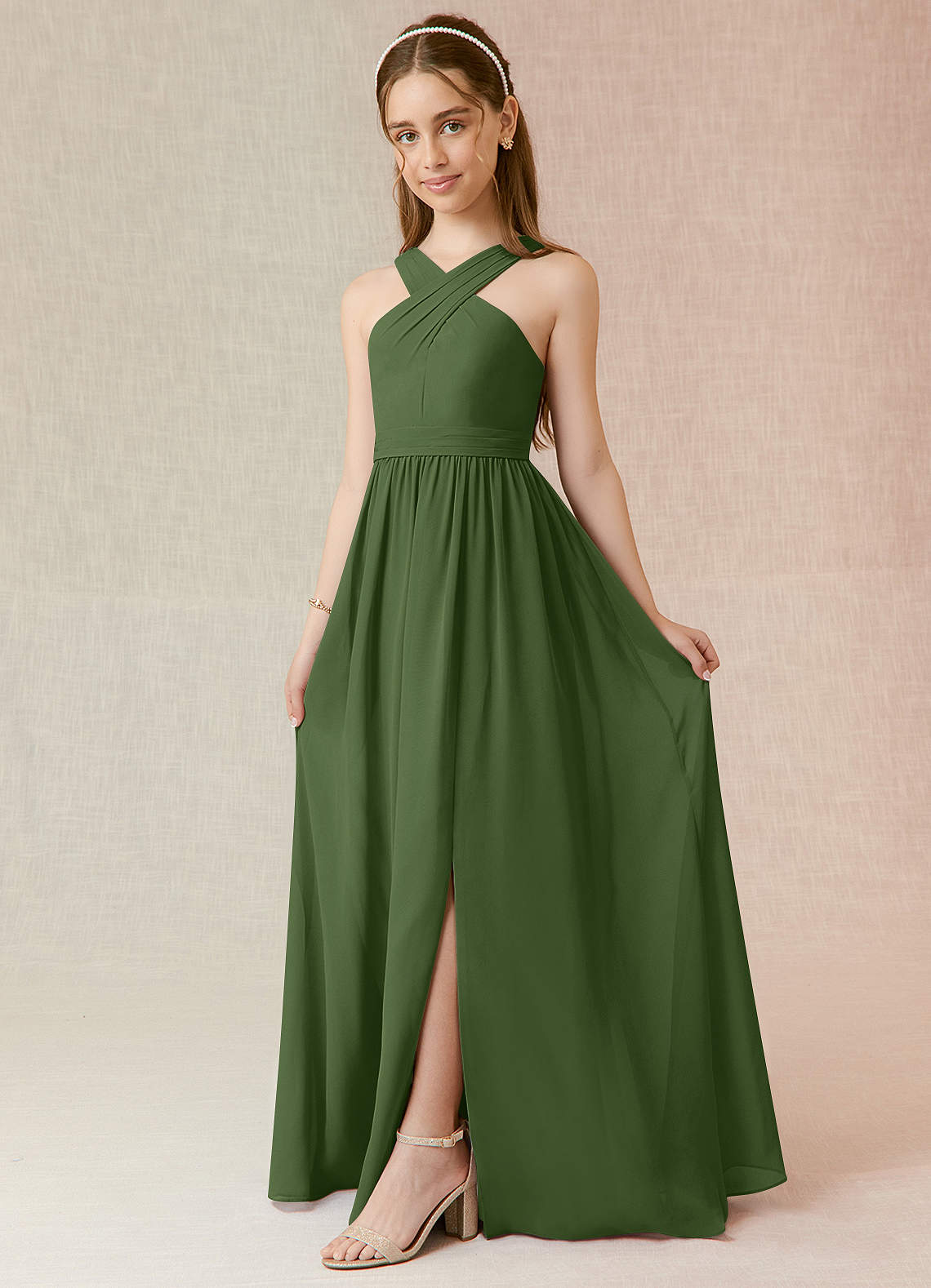 Azazie Jiya Junior Olive A-Line Pleated Chiffon Dress image1
