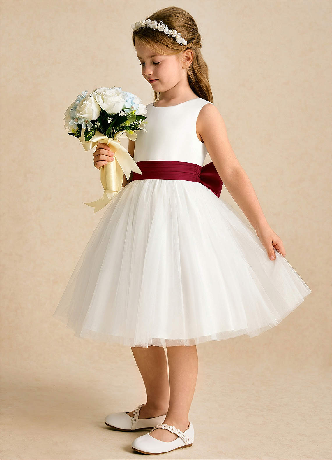 Azazie Sosie vestidos de niña de las flores Vestido de Marfil Burdeos de Tul de Corte en A con Plisado image2
