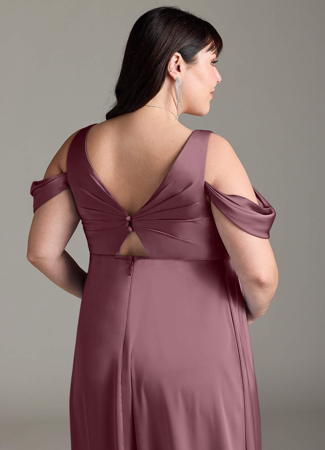 Azazie Rhea At-home Try On Dresses A-Line Off-The-Shouler Pleated Stretch Satin Floor-Length Dress image11