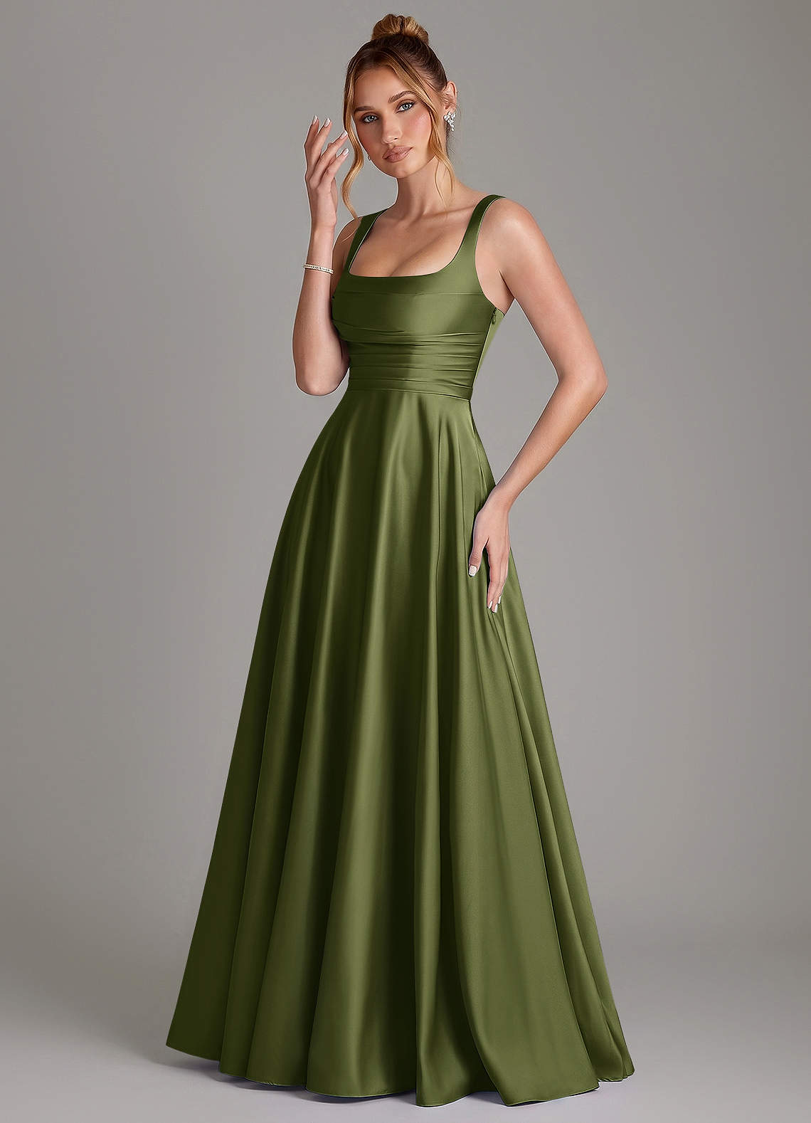 Azazie Azaria Bridesmaid Dresses Olive A-Line Corset Stretch Satin Dress image2